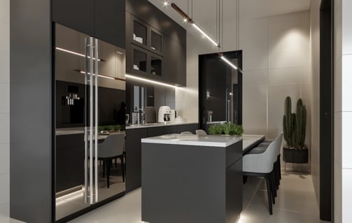 a kitchen with a table and chairs and a table