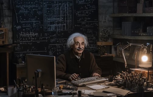 Albert Einstein smiling and sitting behind a computer keyboard in a 20th-century office with chalkbo