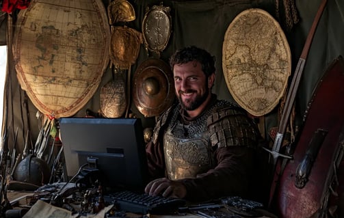 Alexander the Great smiling while sitting behind a computer keyboard in an ancient Macedonian