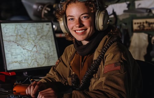 Amelia Earhart smiling while sitting behind a computer keyboard in a 1930s aviation hangar