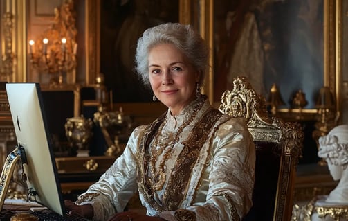 Catherine the Great smiling while sitting behind a computer keyboard in an 18th-century Palace