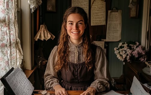 Emily Dickinson smiling while sitting behind a computer keyboard in a 19th-century New England room