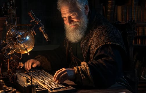 Galileo Galilei smiling while sitting behind a computer keyboard in a 17th-century observatory