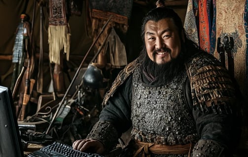 Genghis Khan smiling while sitting behind a computer keyboard in a nomadic Mongol tent with armor,