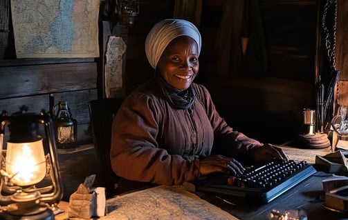 Harriet Tubman smiling while sitting behind a computer keyboard in a 19th-century cabin with maps