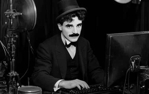 Charlie Chaplin smiling while sitting behind a computer keyboard in a 1920s silent film studio