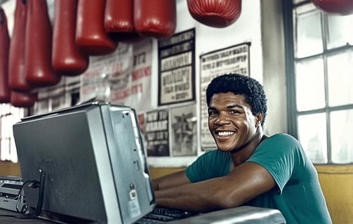 Muhammad Ali smiling while sitting behind a computer keyboard in a mid-20th-century boxing gym,