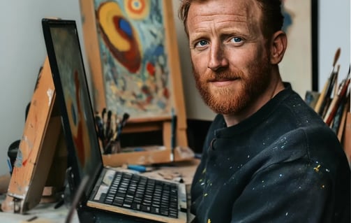 Vincent van Gogh smiling while sitting behind a computer keyboard in a 19th-century art studio
