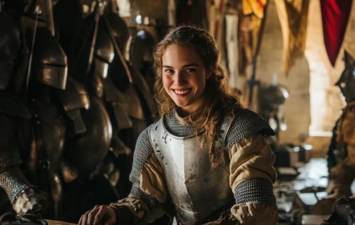 Joan of Arc smiling while sitting behind a computer keyboard in a medieval castle with armor