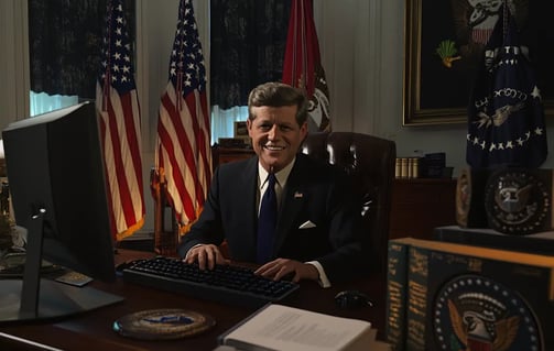 John F. Kennedy smiling while sitting behind a computer keyboard in a 1960s Oval Office with flags,