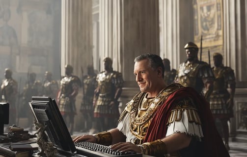 Julius Caesar smiling while sitting behind a computer keyboard in an ancient Roman senate