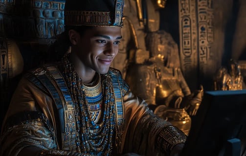 King Tutankhamun smiling while sitting behind a computer keyboard in an ancient Egyptian palace