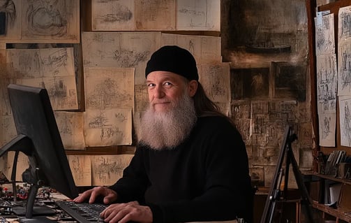 Leonardo da Vinci smiling while sitting behind a computer keyboard in a Renaissance-era studio