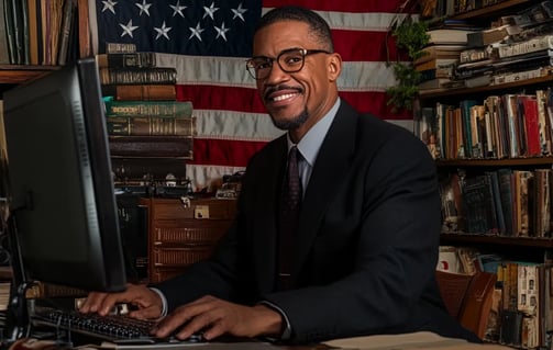 Malcolm X smiling while sitting behind a computer keyboard in a 1960s office with books