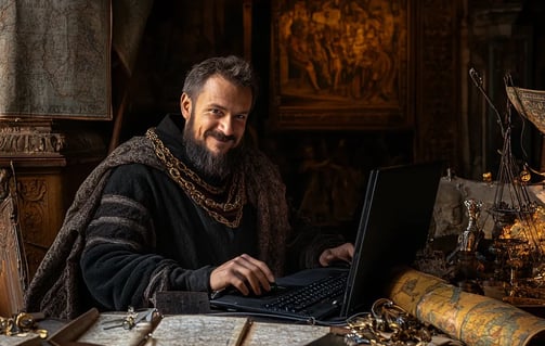 Marco Polo smiling while sitting behind a computer keyboard in a 13th-century Venetian office