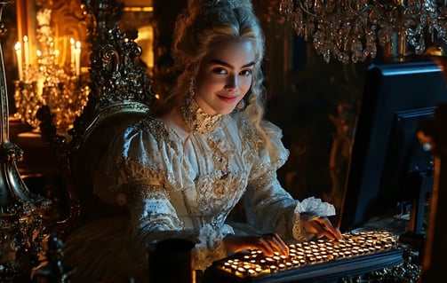 Marie Antoinette smiling while sitting behind a computer keyboard in a lavish 18th-century Palace