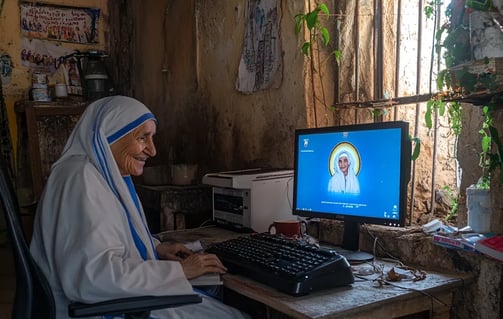 Mother Teresa smiling while sitting behind a computer keyboard in a simple room