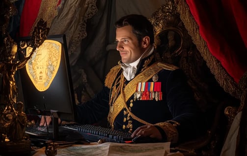 Napoleon Bonaparte smiling while sitting behind a computer keyboard in an early 19th-century uniform