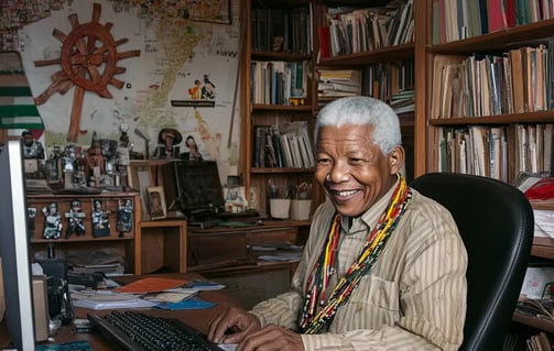 Nelson Mandela smiling while sitting behind a computer keyboard in a 1990s South African office
