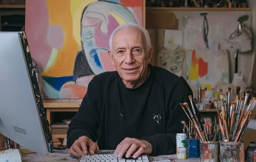 Pablo Picasso smiling while sitting behind a computer keyboard in a vibrant 20th-century art studio