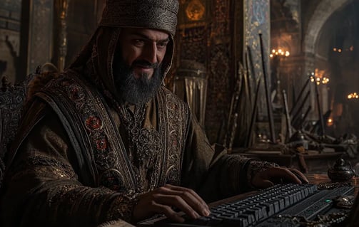 Saladin smiling while sitting behind a computer keyboard in a medieval Islamic palace with tapestrie