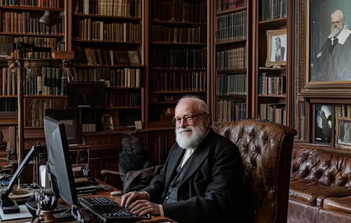Sigmund Freud smiling while sitting behind a computer keyboard in a 19th-century Viennese study