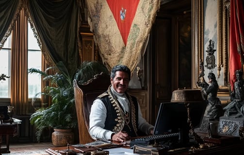 Simón Bolívar smiling while sitting behind a computer keyboard in a South American colonial palace