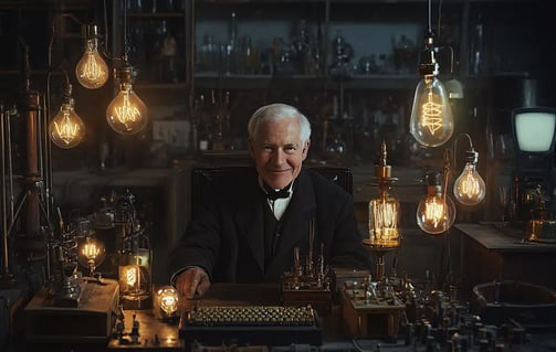 Thomas Edison smiling while sitting behind a computer keyboard in a 19th-century laboratory
