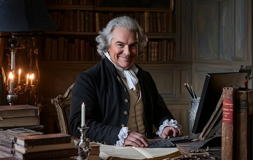 Thomas Jefferson smiling while sitting behind a computer keyboard in an 18th-century colonial study