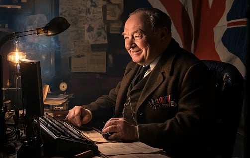 Winston Churchill smiling while sitting behind a computer keyboard in a 1940s wartime office with pa