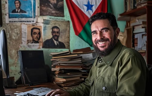 Fidel Castro smiling while sitting behind a computer keyboard in a 20th-century Cuban office