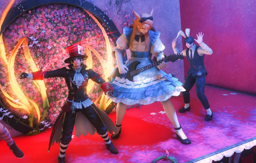 NPC Hosts dancing, dressed in an Alice in Wonderland theme.