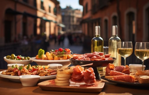 a spread of authentic Spanish cuisine served al fresco in Barcelona, Spain