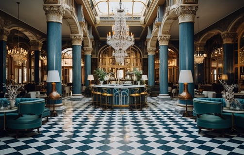 maximalist and classical decor of a hotel lounge in Madrid, Spain