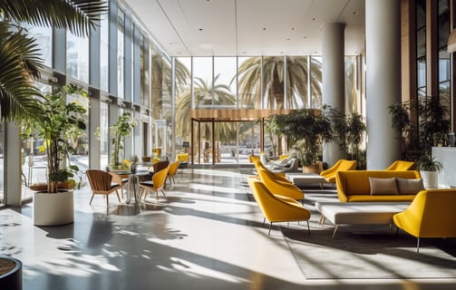 light-drenched lounge area of a top-rated hotel in Barcelona, Spain