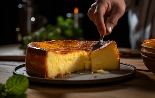 an authentic Basque cheesecake being sliced and served