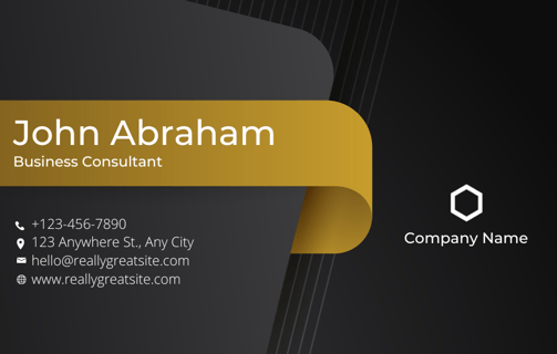 a business card with a black and gold business card