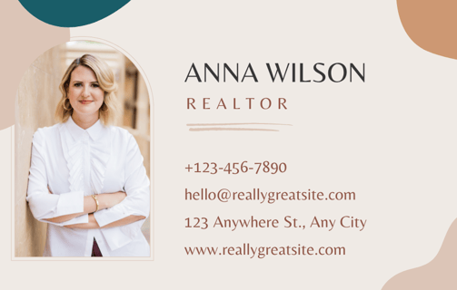 a business card with a woman in a white shirt