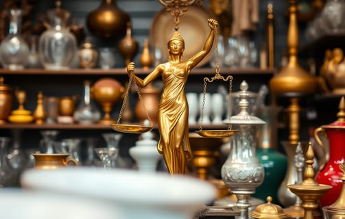dans un magasin d' antiquités brocante parmi vases et bibelots, une statue en bronze qui représente la Justice.