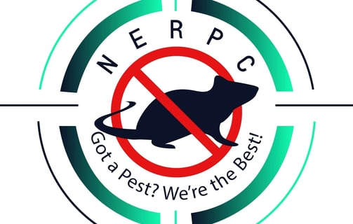 The logo represents "NE Region Pest Control LLC." It features a black silhouette of a rat inside a red circle with a diagonal