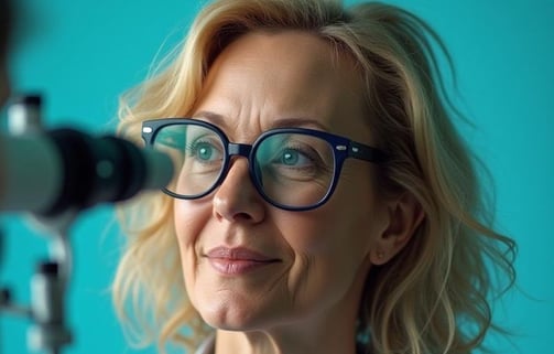 a woman in glasses and a white shirt is looking at the optometry equipment