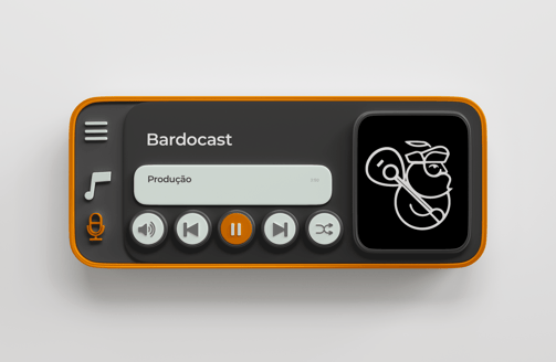 Player de podcast com logo branco de produtora musical com homem barbudo segurando violão