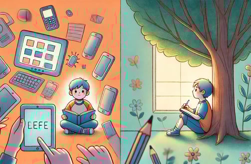 A child surrounded by digital screens looks overwhelmed; a peaceful shadow version journals outdoors.