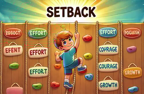 Child climbing a wall labeled 'Setback' with stepping stones named Effort, Courage, and Growth.