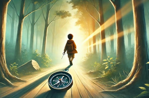 Silhouette of a child walking down a forest path with a compass, sunlight guiding their way forward.