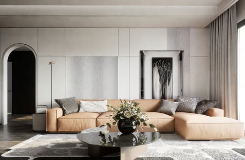 Modern contemporary living room with clean lines and soft neutral tones.