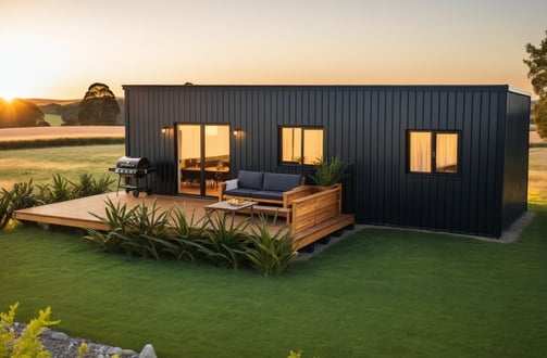 Dark cladding on transportable home, exterior view