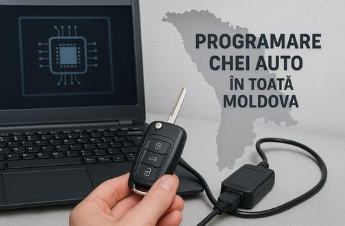 Laptop conectat la cheie auto pentru programare în Chișinău și toată Moldova