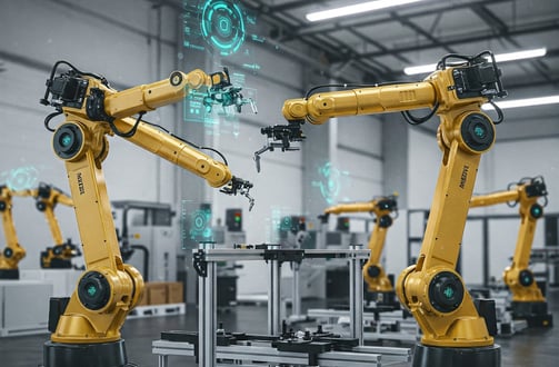 Muestra robots con sensores avanzados e IA trabajando en un entorno de fábrica sostenible