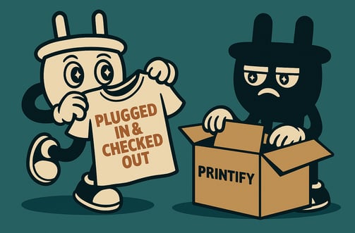 Plugsy proudly holds up a custom T-shirt featuring his own face, while Smugsy reluctantly packages m